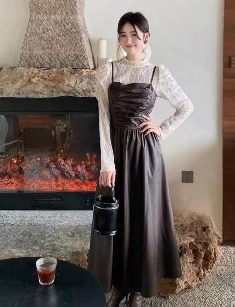 Pankh Xia Square Neck Pu Leather Long Maxi Dress