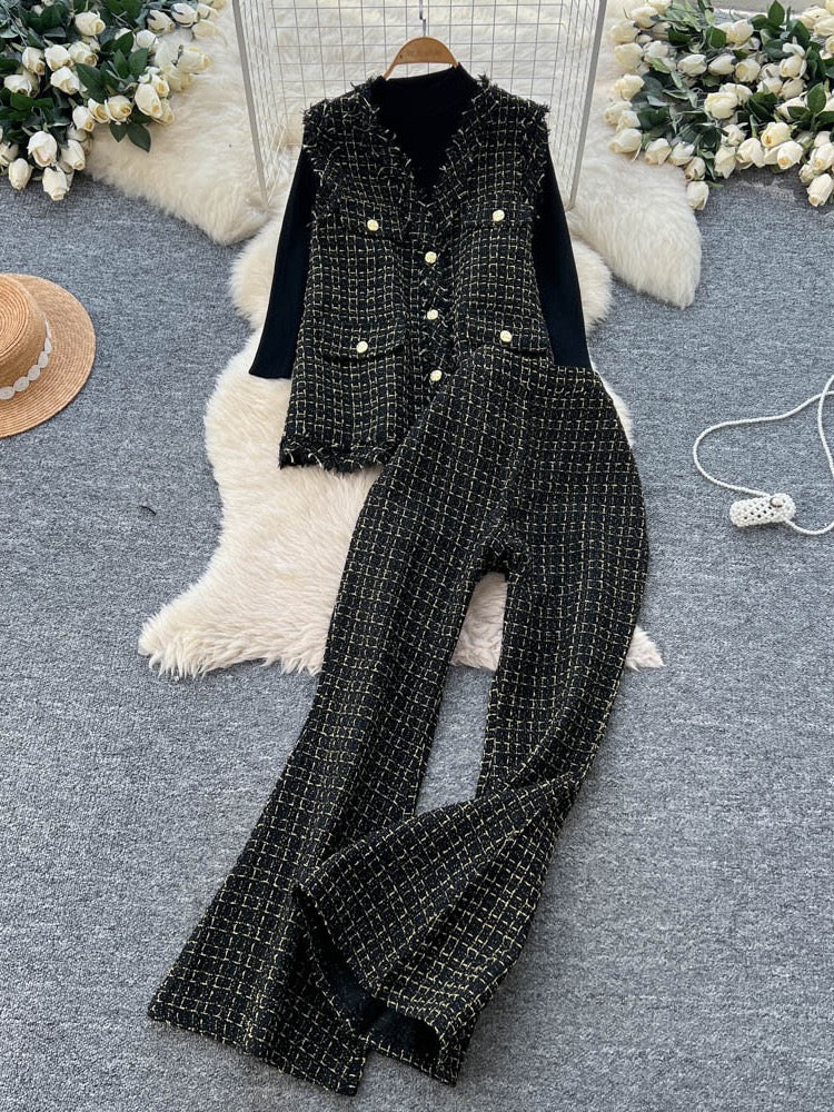 Pankh Fioxie Tweed Sleeveless Blazer and Bootcut Pant with Knit Top 3 Piece Set