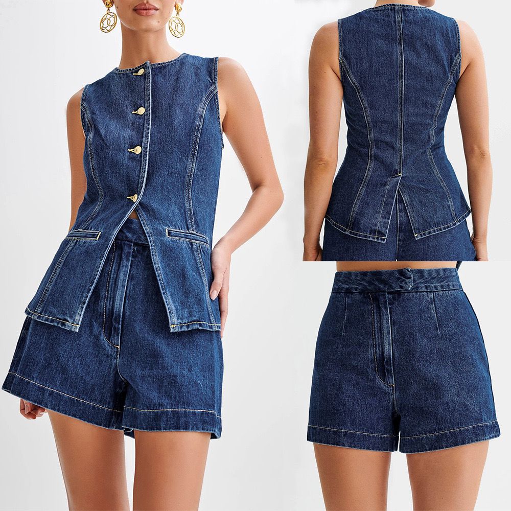 Pankh Genric Denim Waist Coat & Short Coord Set
