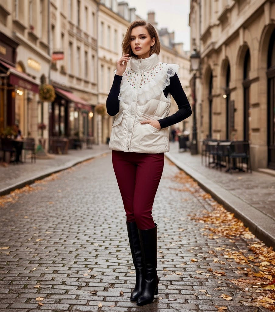 Pankh Molly Premium Embellished Bomber Sleeveless Puffer Metallic Jacket