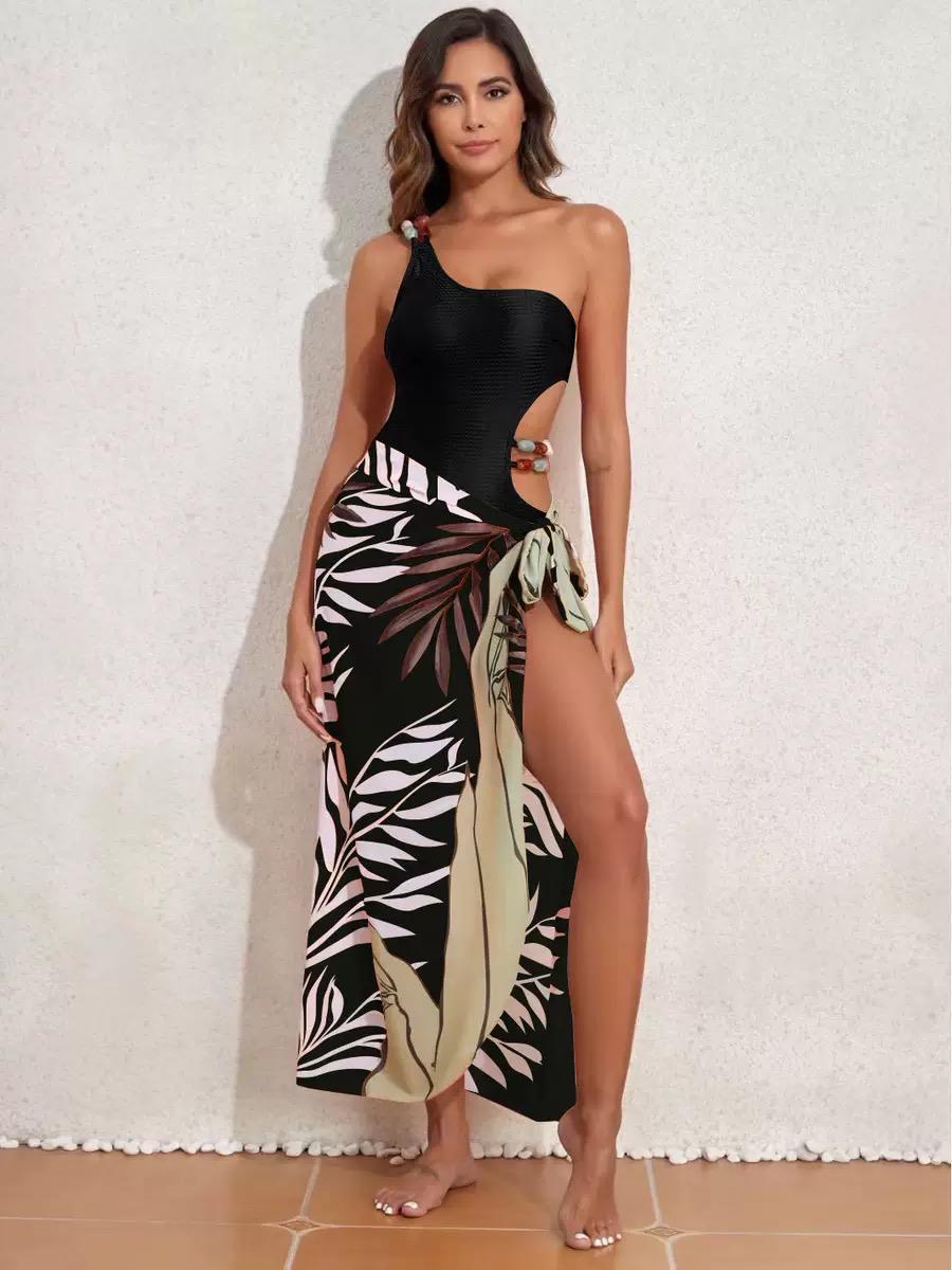 Pankh Liam Tropical Print One-Shoulder Bikini With Tie Up Coverup Swim Set