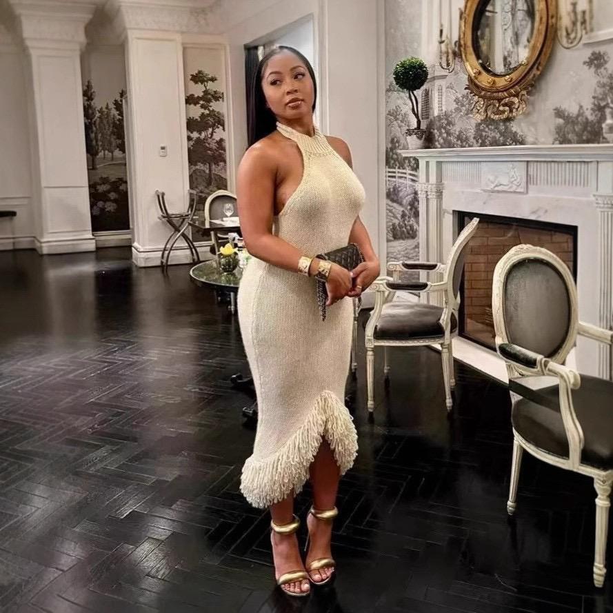 Pankh Vicki Halter Neck Crochet Knit Maxi Tassel Dress