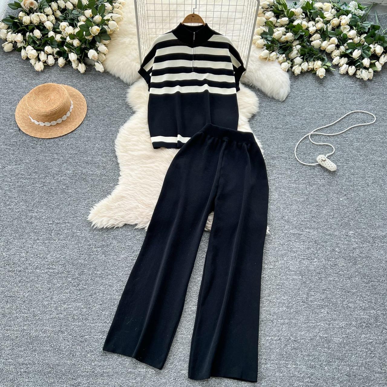 Pankh Anay Casual Stripe Knitted Loose Fit Top And Wide Leg Pants Set