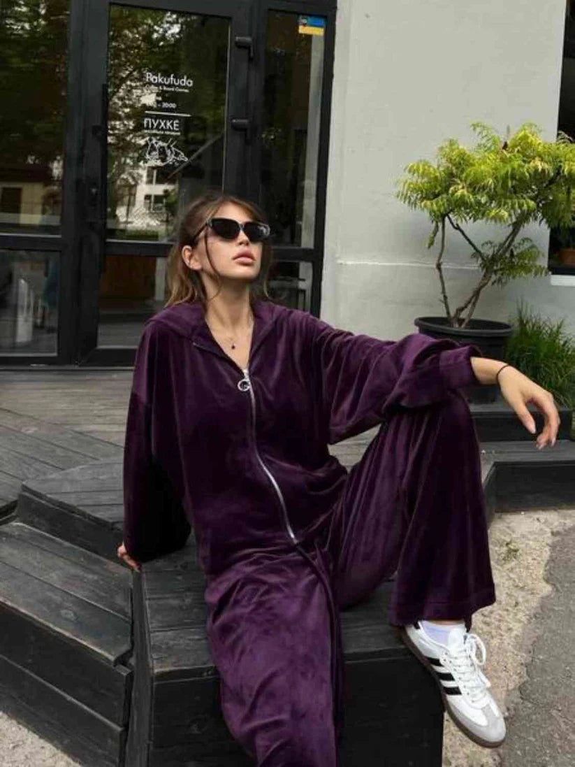Pankh Aysel Velvet Zipper Hoodie And Wide Leg Pant Coord Set