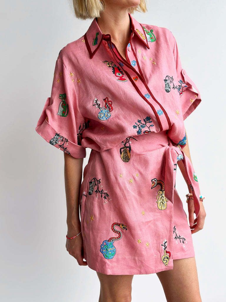 Pankh Lia Casual Printed Collar Shirt And Short Set With Belt