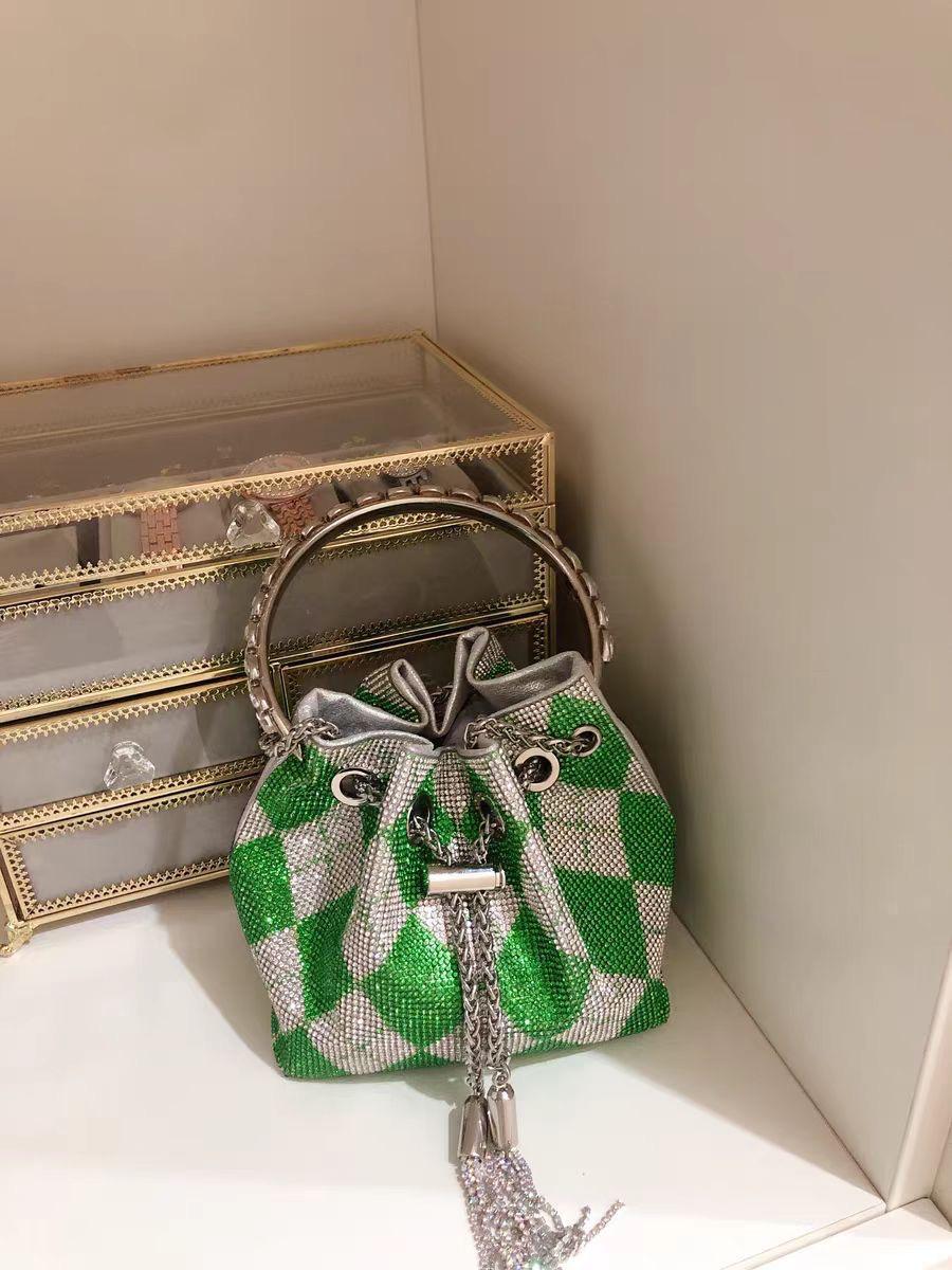 Pankh Green Silver Chequered Luxury Bon Bon Crystal Diamond Handle Tassel Chain Rhinstone Bag