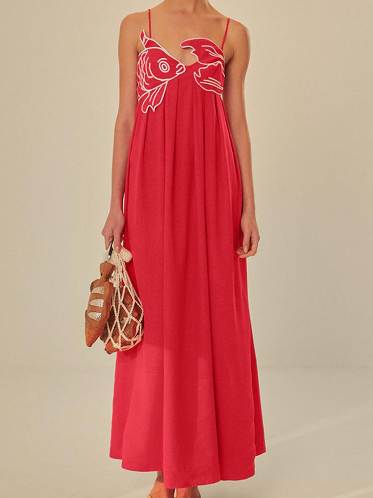 Pankh Alexis Embroidered Fish Spaghetti Strap Maxi Dress