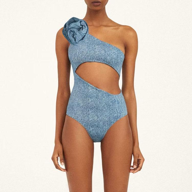 Pankh Rian One Shoulder Cutout Denim Print 3D Rose Bikni Set With Skirt coverup Set