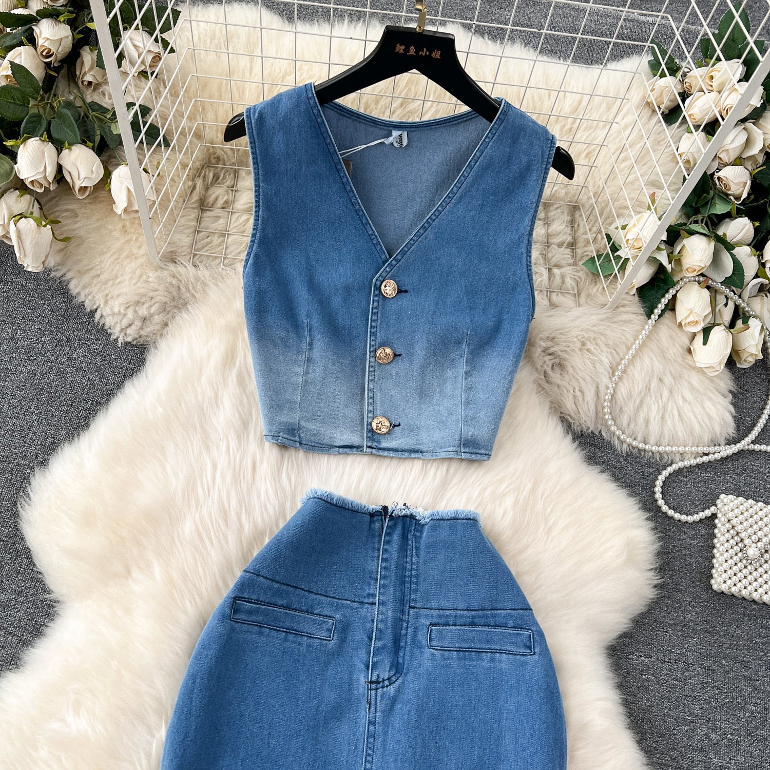 Pankh Zack Denim Dual Shade Waist Coat and Skirt Set