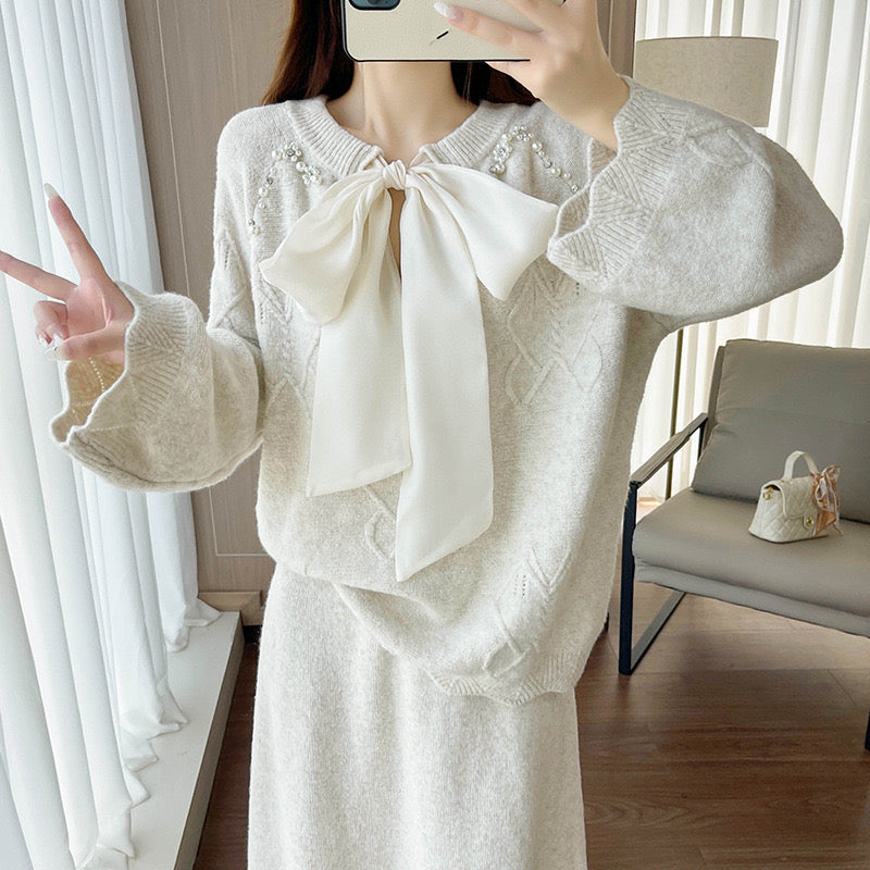 Pankh Tania Designer Pearl Embelished Bow Tie Woolen Top and Skirt Party Wear Set