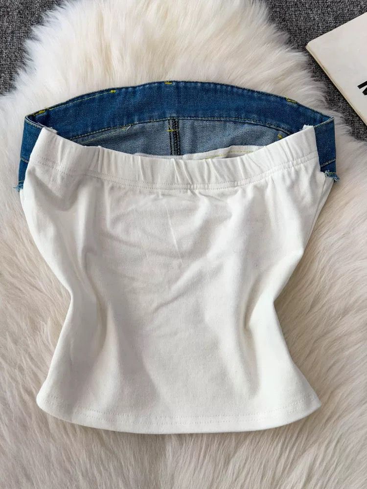 Pankh Alric Letter Printed Patchwork Cotton And Denim Crop Top