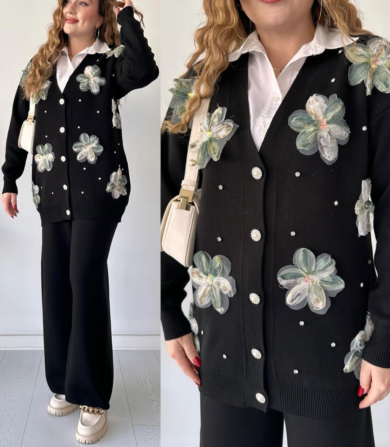 Pankh Elantra 3D Floral Patch Work Knit Wool Coat and Pant Coord Set