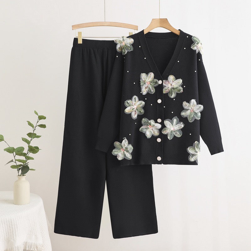 Pankh Elantra 3D Floral Patch Work Knit Wool Coat and Pant Coord Set