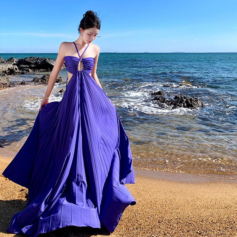 Pankh Analeia Women Open Back Lace Up Pleated Maxi Long Dress