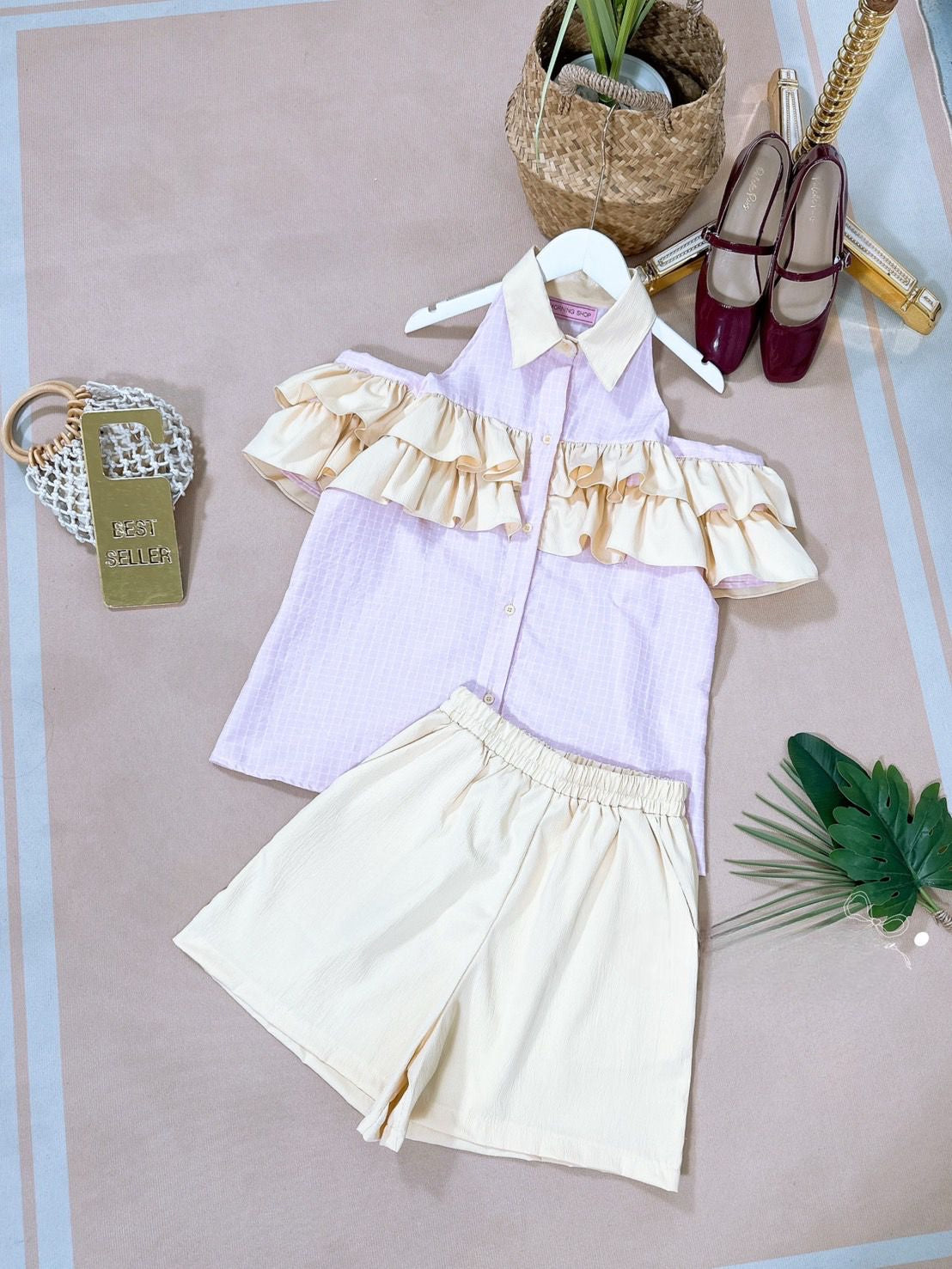 Pankh Velina Casual Cold Shoulder Sleeves Gingham Shirt And Short Set