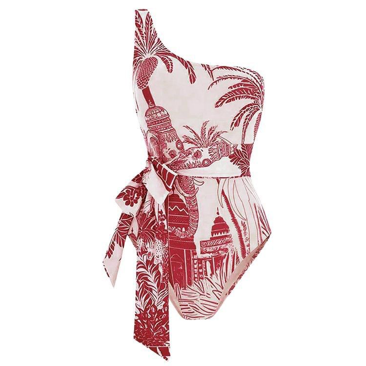 Pankh Cove One Shoulder Coconut Palm Print Swimsuit With Sarong