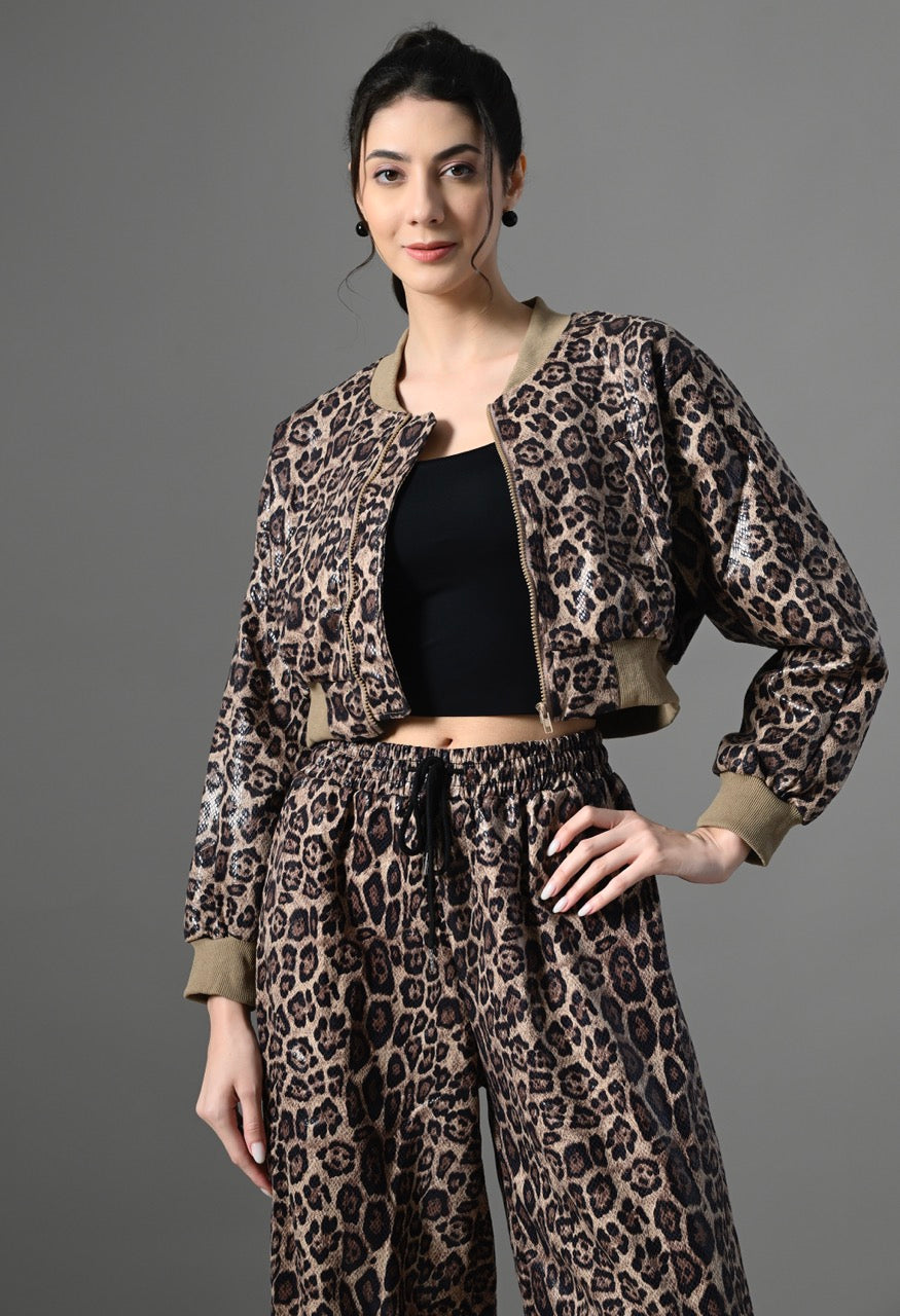 Pankh Leo Leopard Leather Look Cropped Jacket and Jogger Pants Set