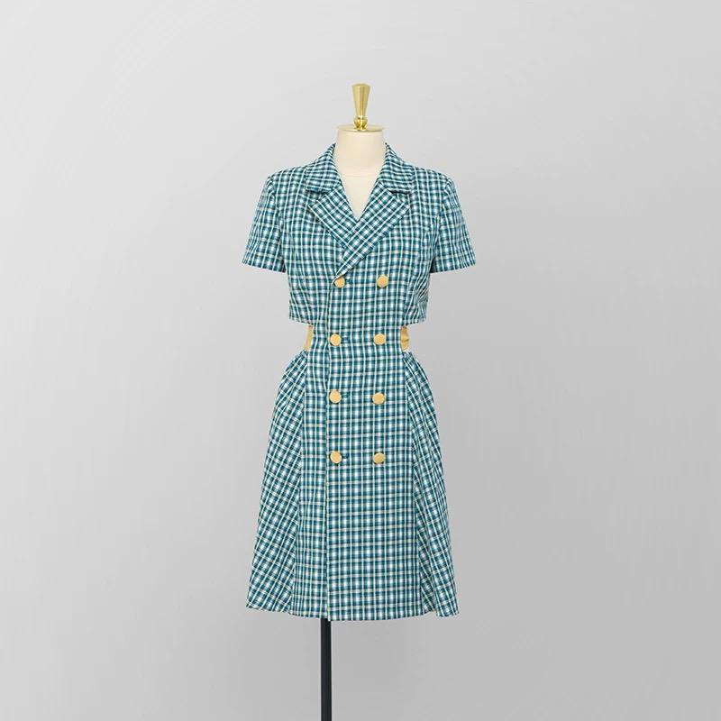 Pankh Fresia Plaid Check Blazer Back Waist Hollow Bow Dress