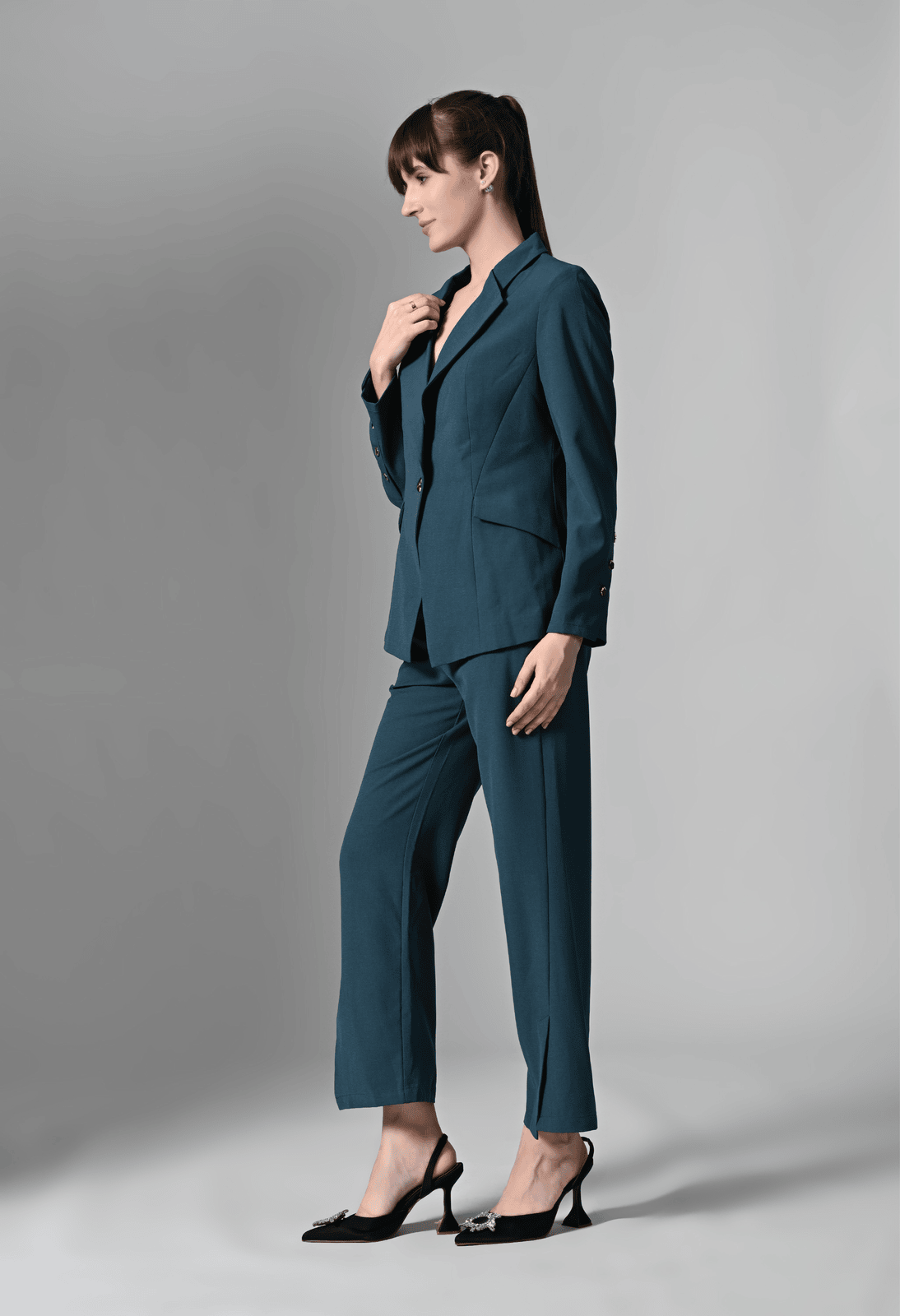 Pankh Teal Blue Solid Blazer & Trousers Set