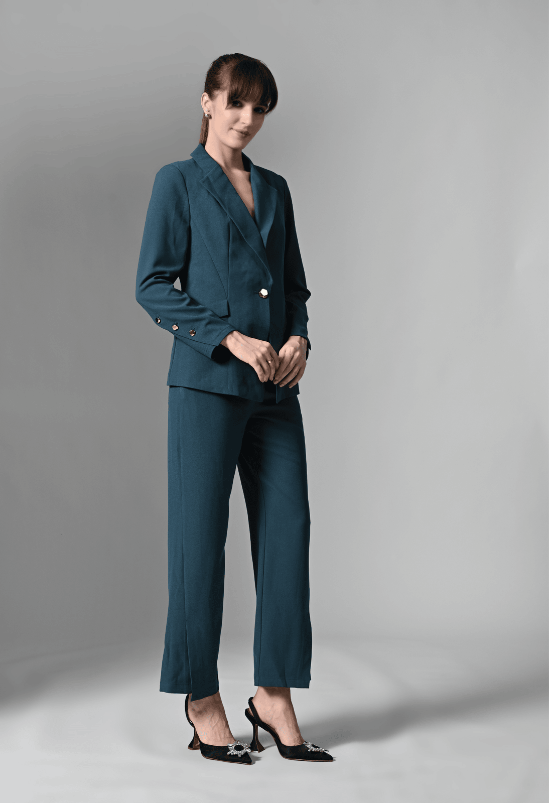 Pankh Teal Blue Solid Blazer & Trousers Set