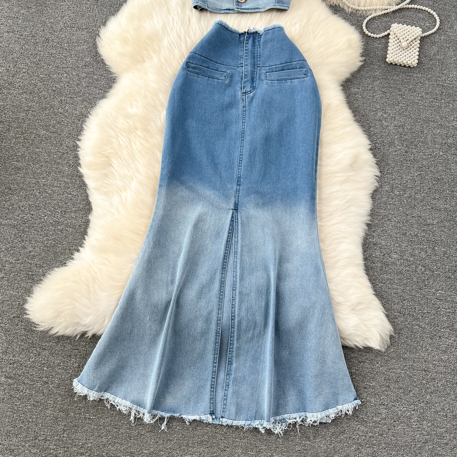 Pankh Zack Denim Dual Shade Waist Coat and Skirt Set