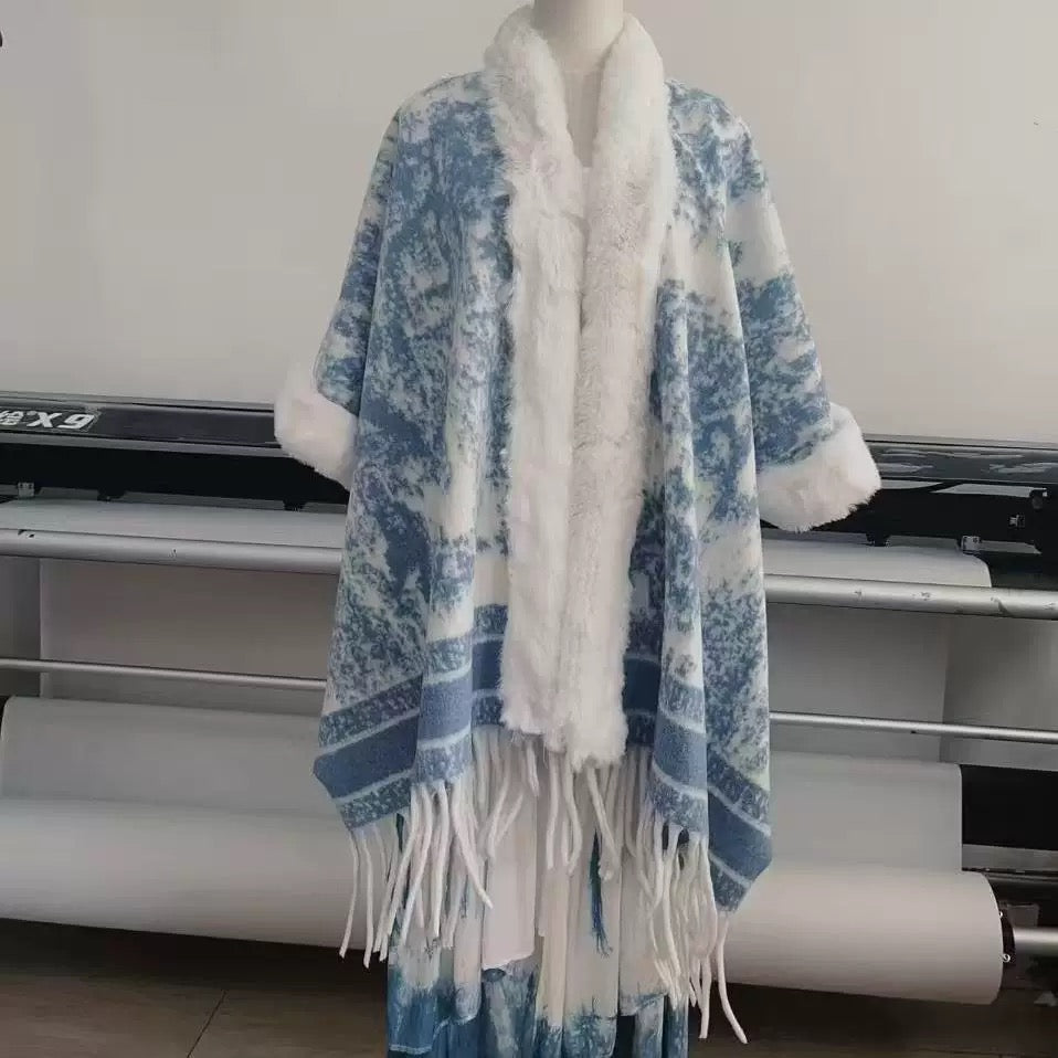 Pankh Diyyor Woolen Winter Cape Shawl with Fur Sleeve