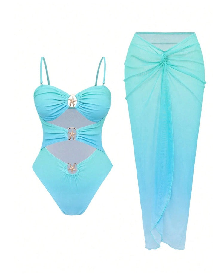 Pankh Ogayi Ombré Shell Monokini & Drape Skirt Coverup Swim Set