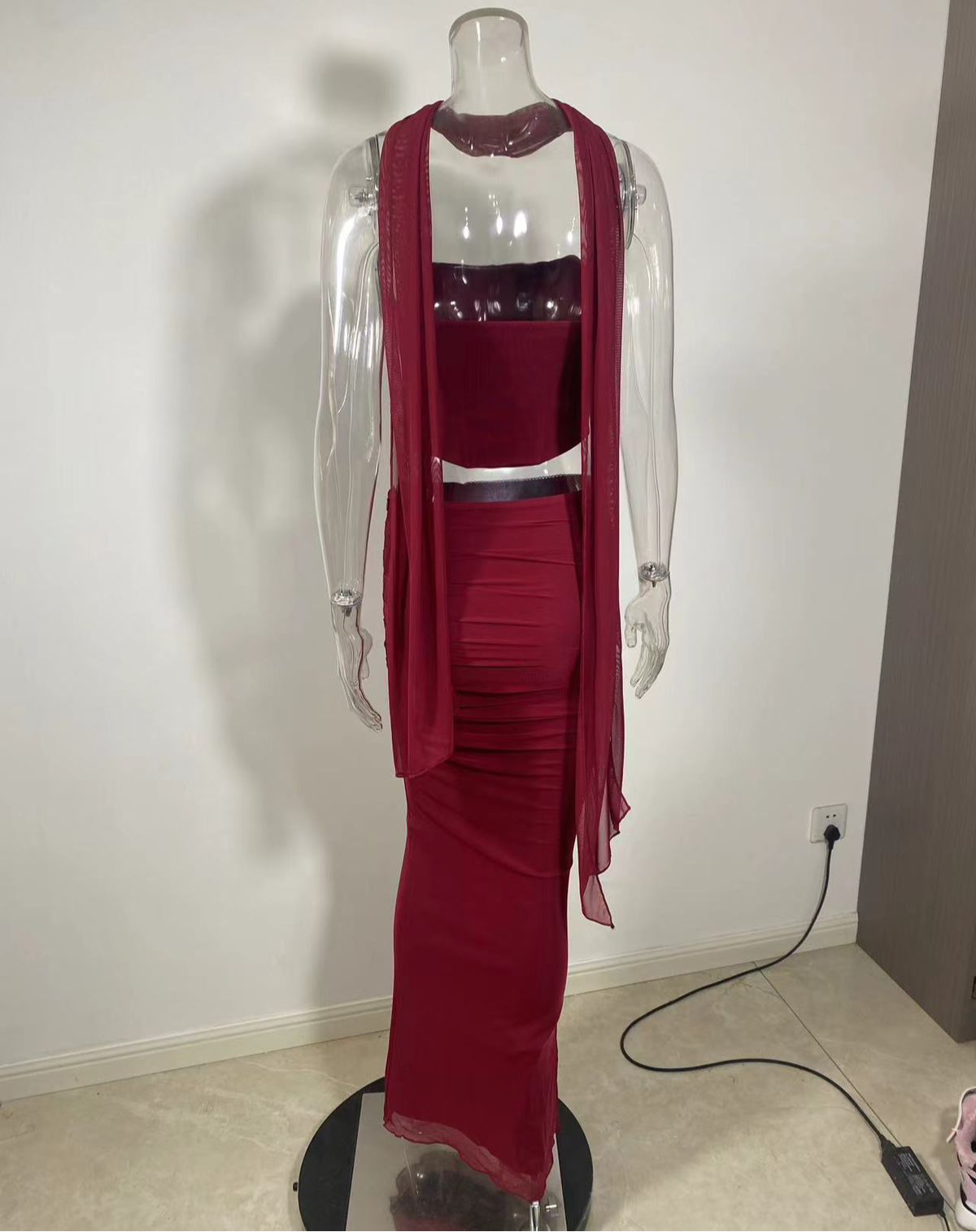 Pankh Celine Corset Top And Ruched Skirt Set With Neck Scarf