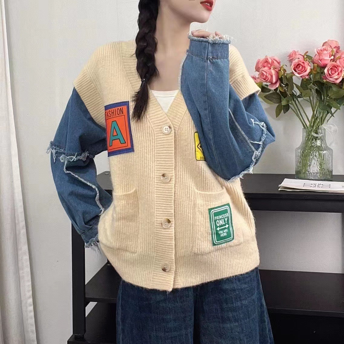 Pankh Vista Woolen And Denim Patchwork Cardigan Blazer