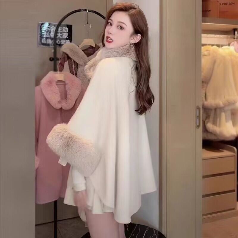 Pankh LOSSY WOOLEN CAPE COAT WITH FUR COLLAR AND SLEEVE