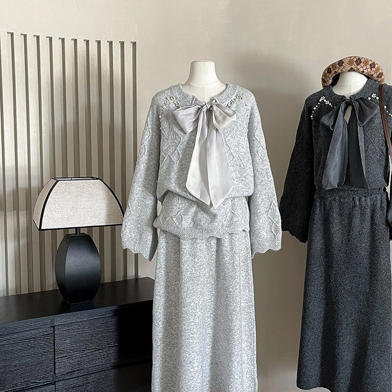 Pankh Tania Designer Pearl Embelished Bow Tie Woolen Top and Skirt Party Wear Set