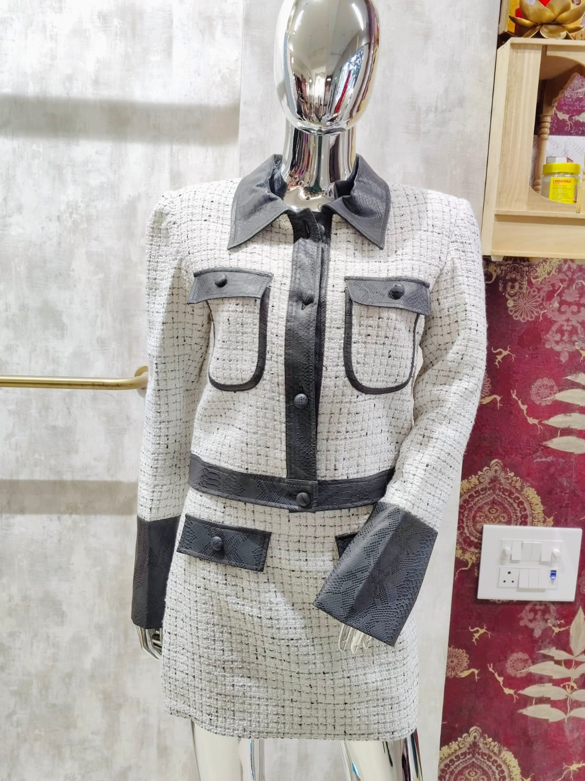 Pankh Rolce Tweed and Faux Croc Leather Blazer and Skirt Coord Set