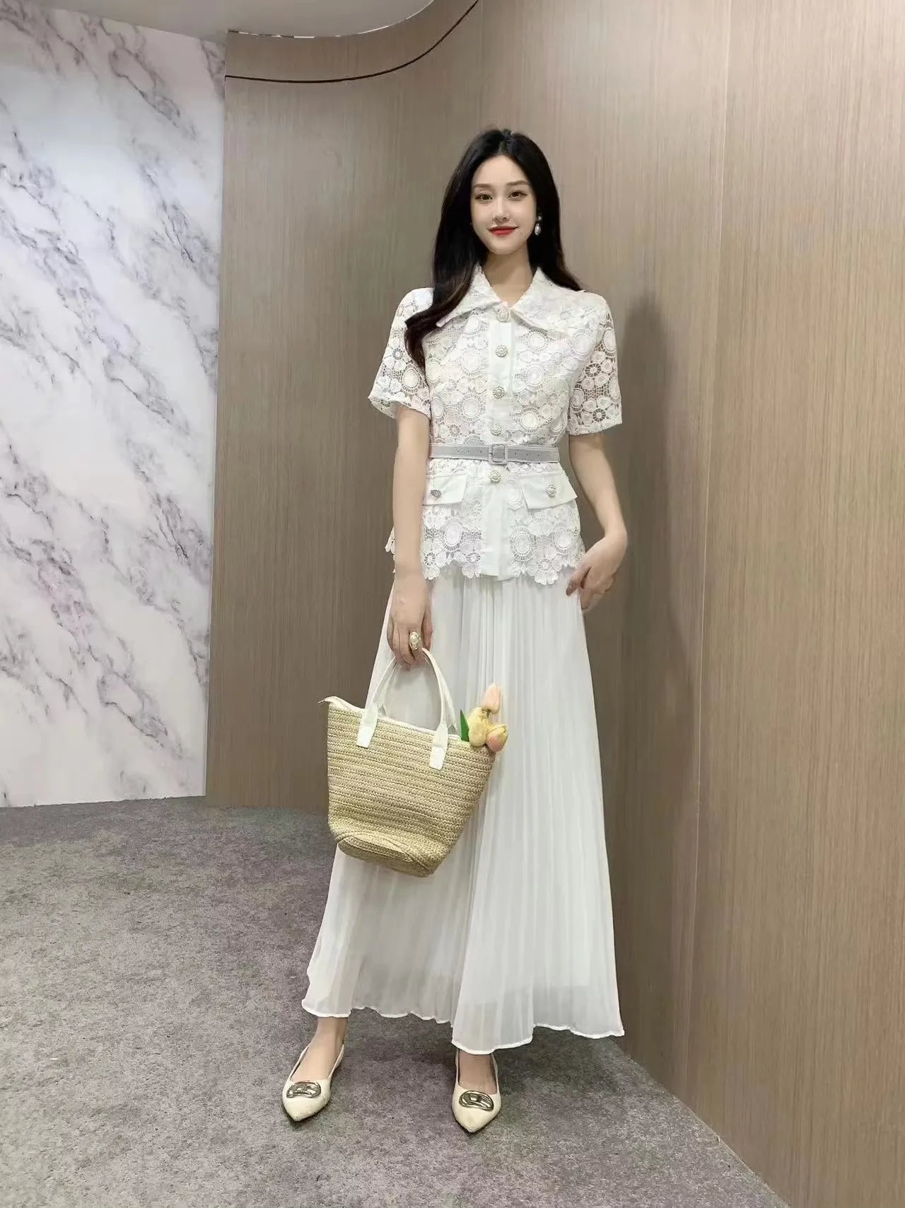 Pankh Kylie Crochet Lace Chiffon Blazer And Pleated Skirt Set With Belt