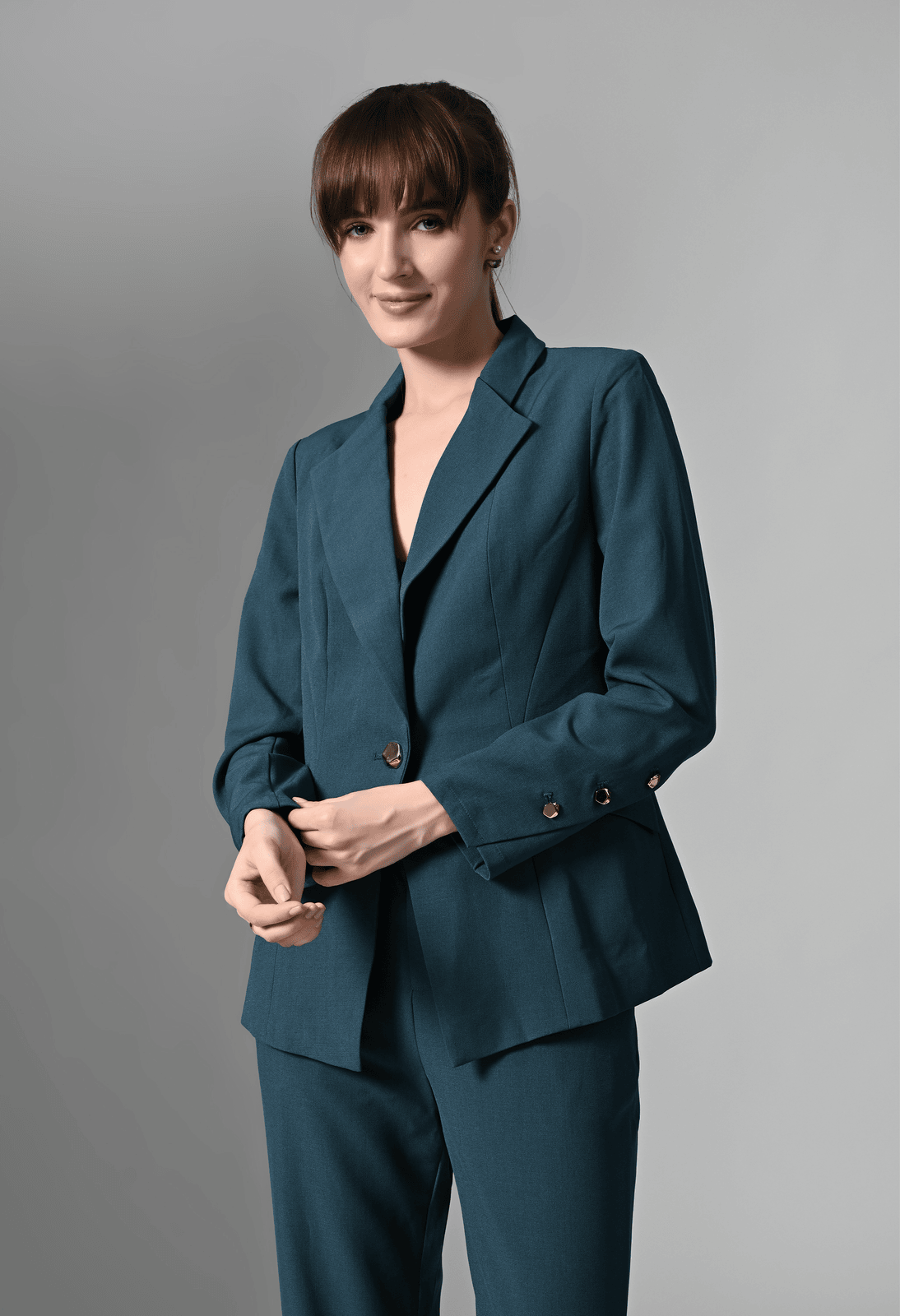 Pankh Teal Blue Solid Blazer & Trousers Set