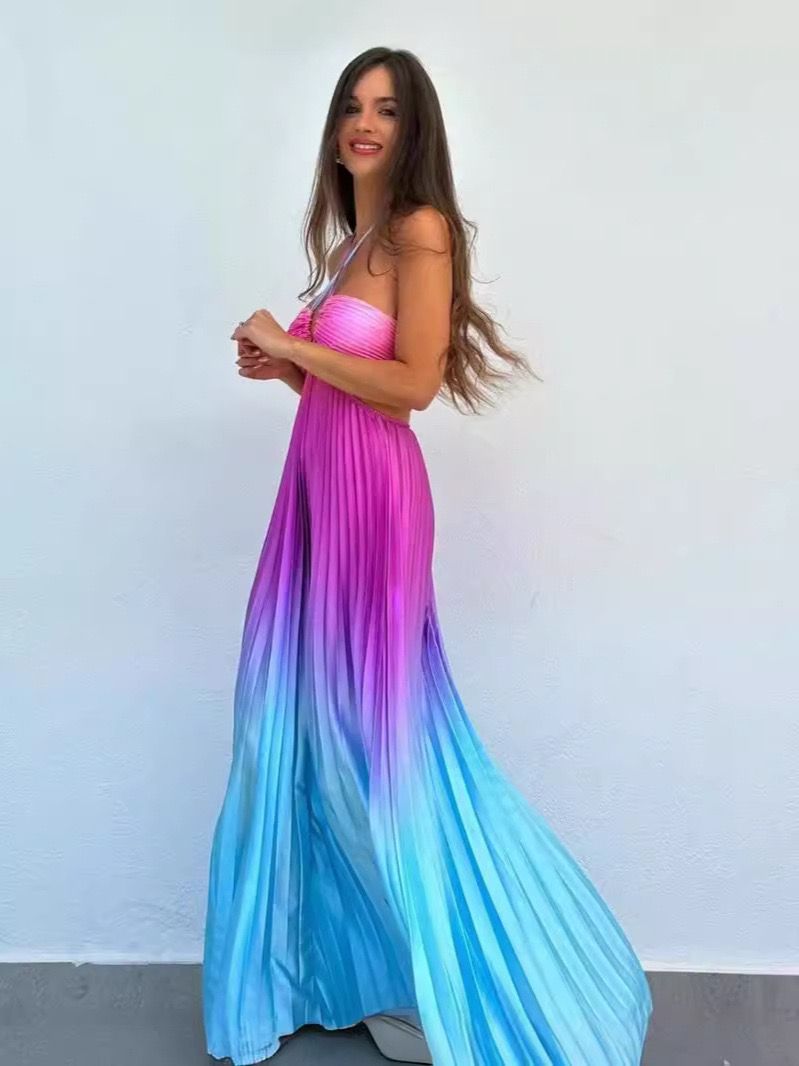 Pankh Halime Sexy Halterneck Cut-Out Backless Pleated Maxi Holiday Dress