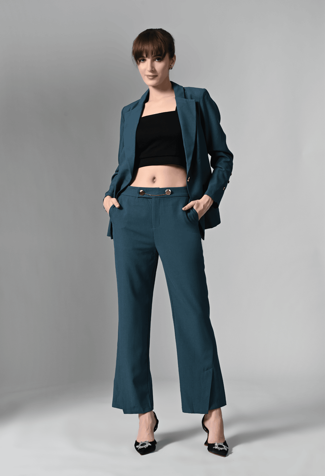 Pankh Teal Blue Solid Blazer & Trousers Set