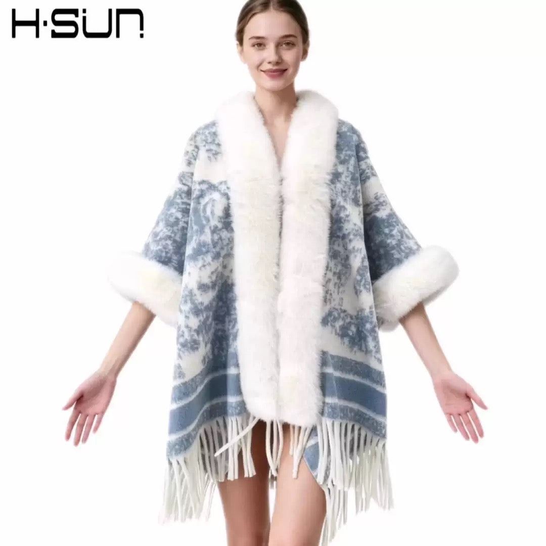 Pankh Diyyor Woolen Winter Cape Shawl with Fur Sleeve