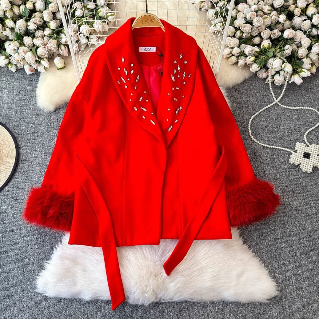 Pankh Miami Luxury Woolen Stone Embelished Woolen Blazer withFur Sleeves