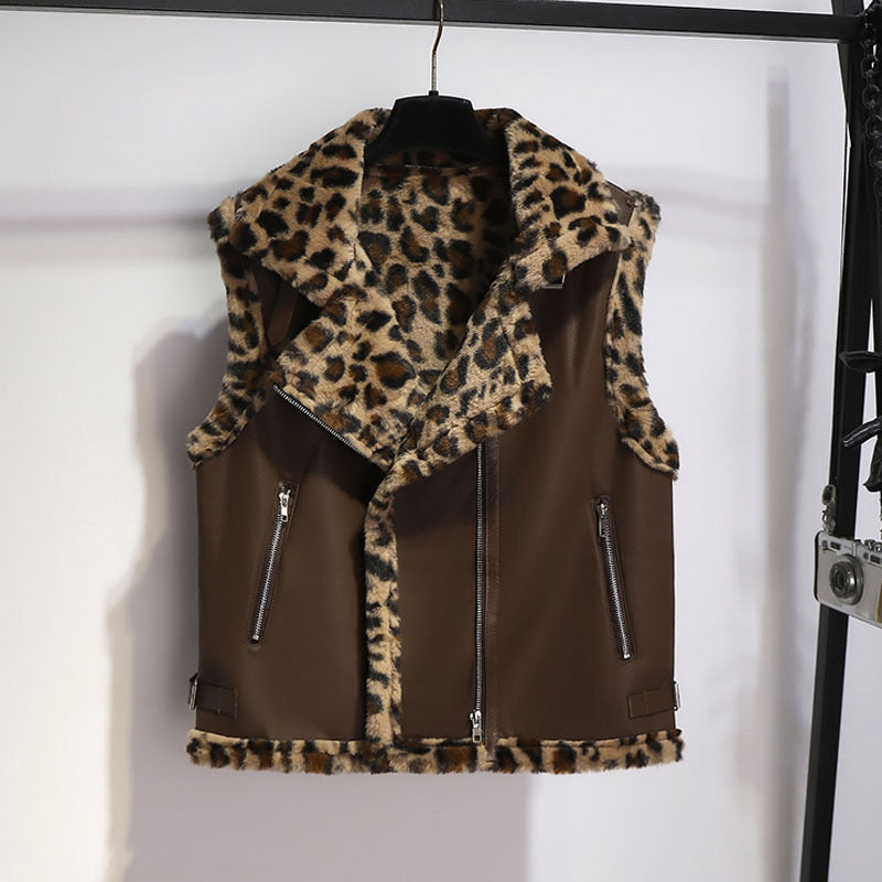 Pankh Laurie Leopard Fur and Leather Sleeveless Teddy Jacket