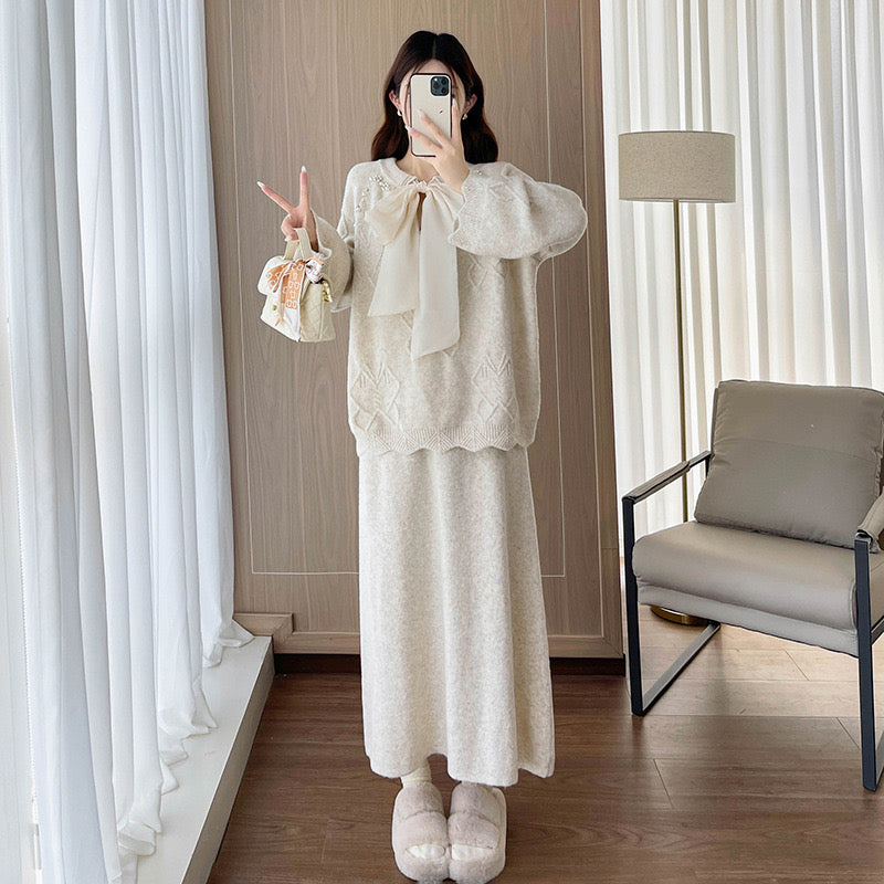 Pankh Tania Designer Pearl Embelished Bow Tie Woolen Top and Skirt Party Wear Set