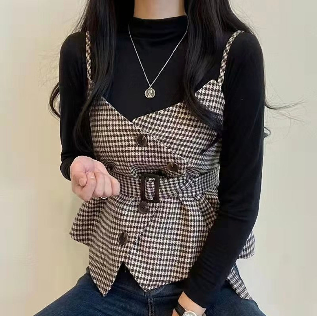 Pankh kayor Woolen Check Jacket and Knit Top Set