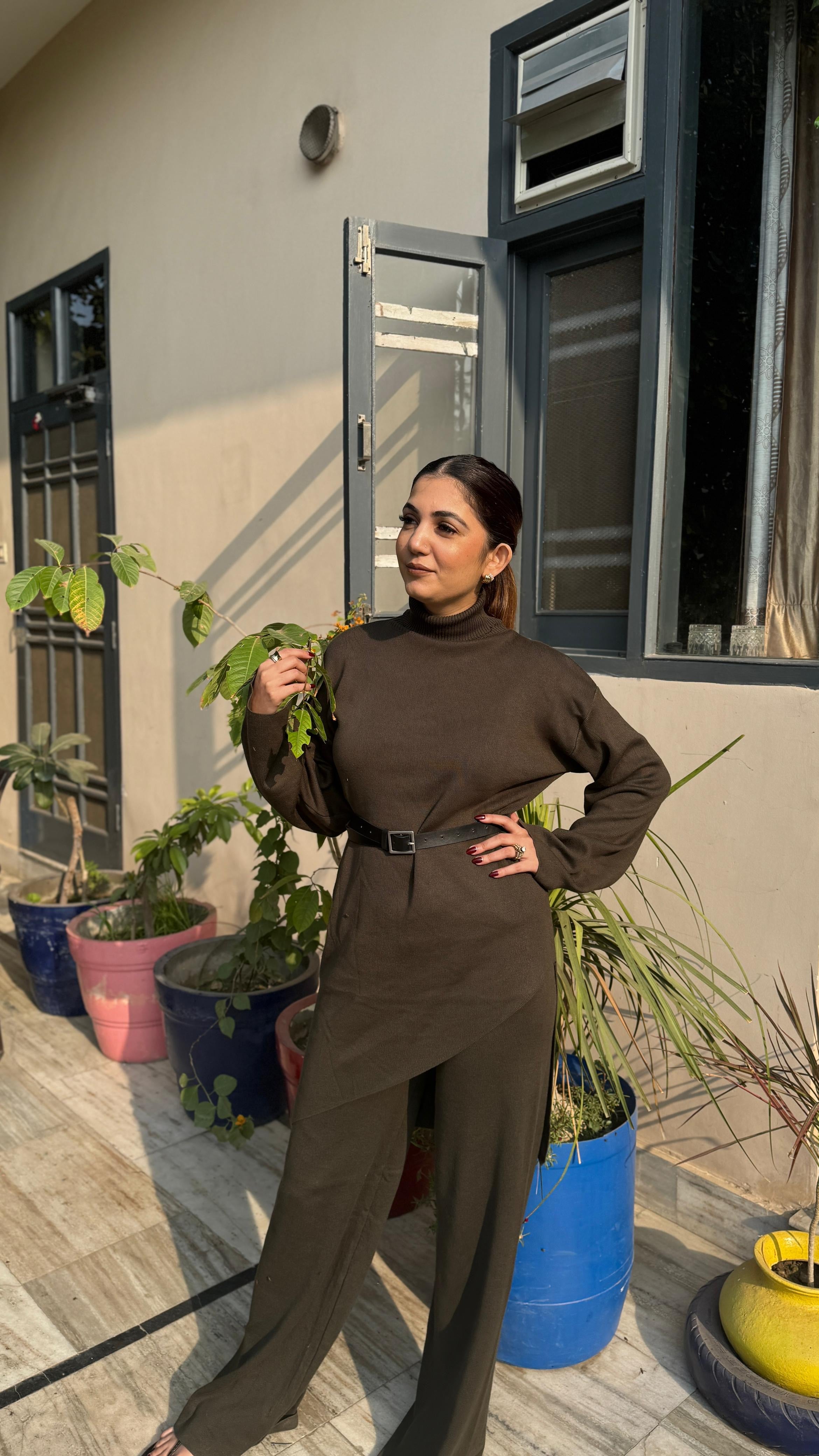 Pankh Ruhet Assymetrical Long Hip Cover Wool Coord Set with Belt