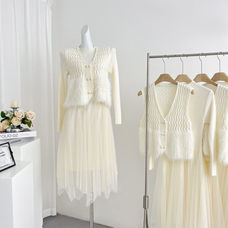 Pankh Reha Fur Jacket And Wool Knit and Net Dress Set