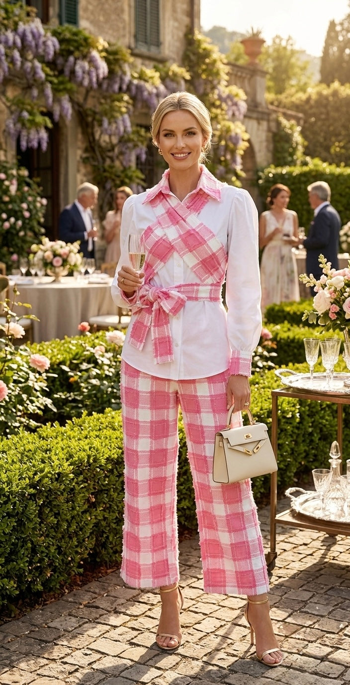 Imana Textured Gingham Multiway Draped Shirt & Pant Set with Pearl Detailing