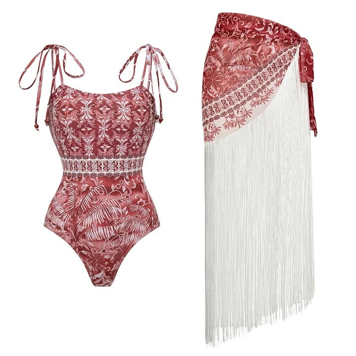 Kaykie Boho Monikini & Tassel Tie Up Skirt Swimwear Set
