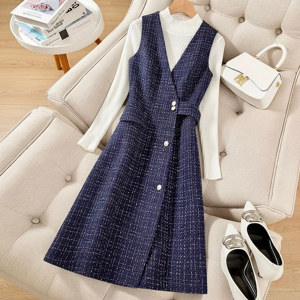 Pankh Zuly Elegant Tweed Dress with Ribbed Top