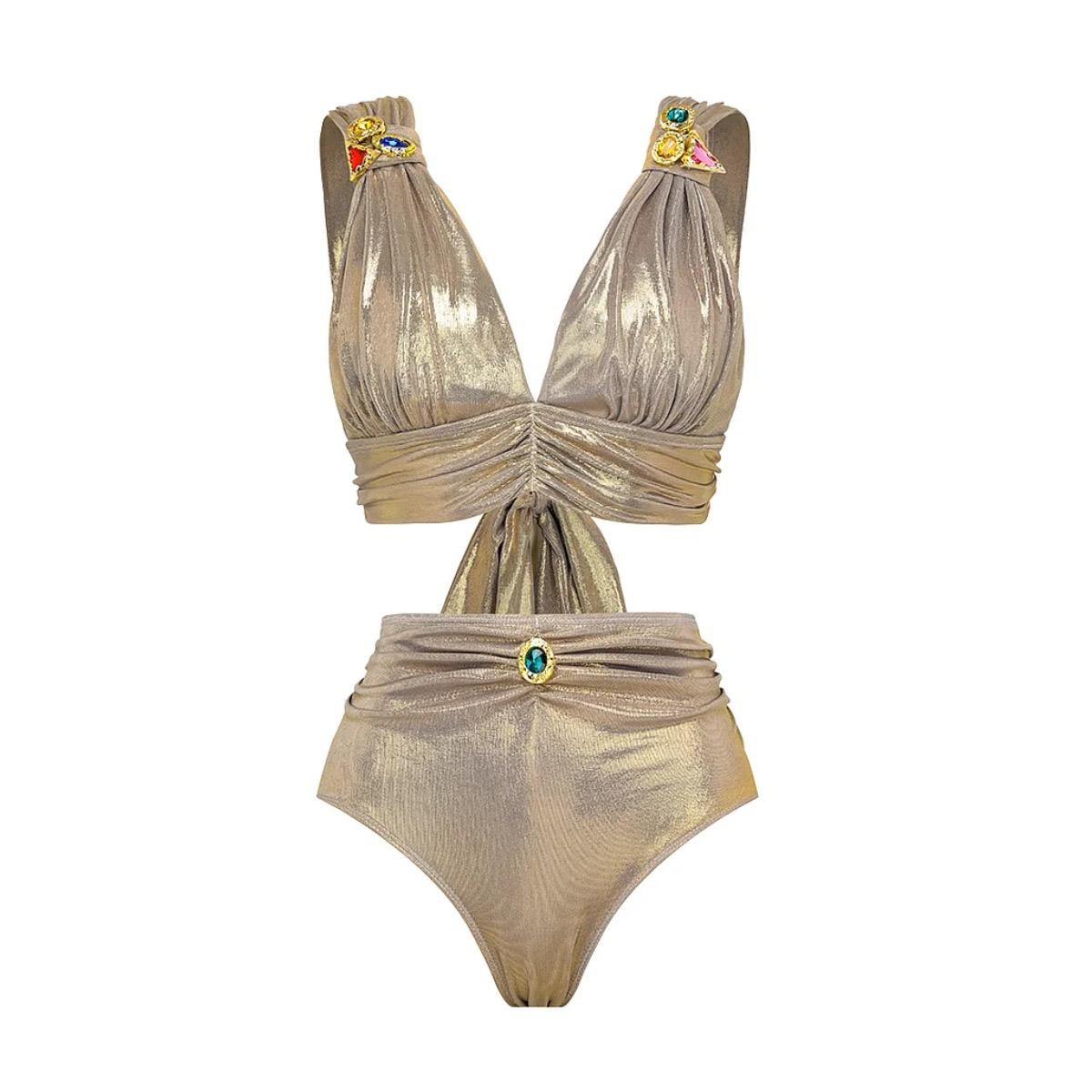 Pankh Raquel Stone Studded Shimmer Metallic Golden Bikini,Skirt & Head Turban Set
