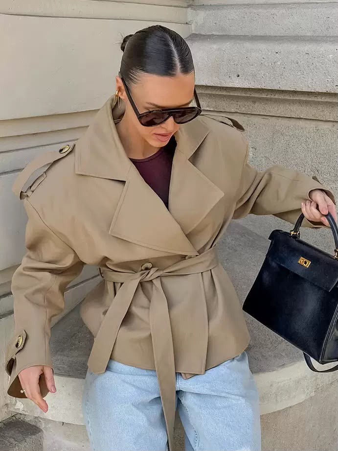Pankh Amice Classic Plain Cropped Trench Coat With Belt