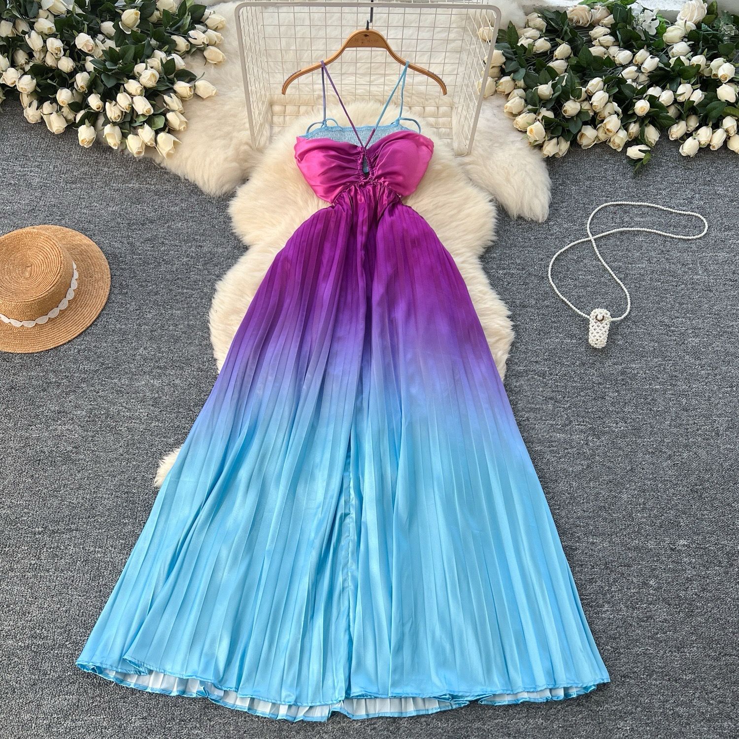 Pankh Halime Sexy Halterneck Cut-Out Backless Pleated Maxi Holiday Dress