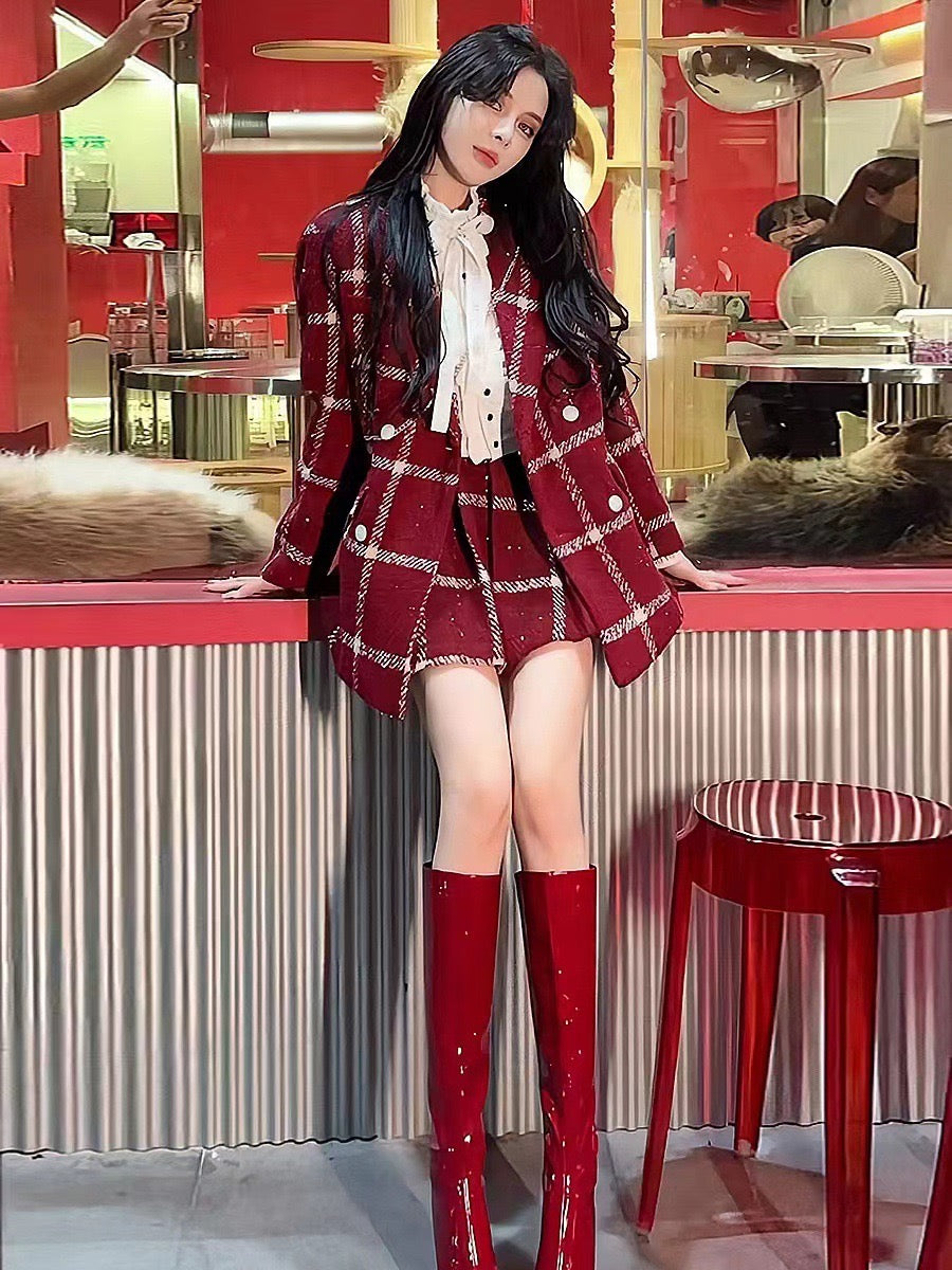 Pankh Ruika Woolen Luxury Plaid Blazer and Skirt Set